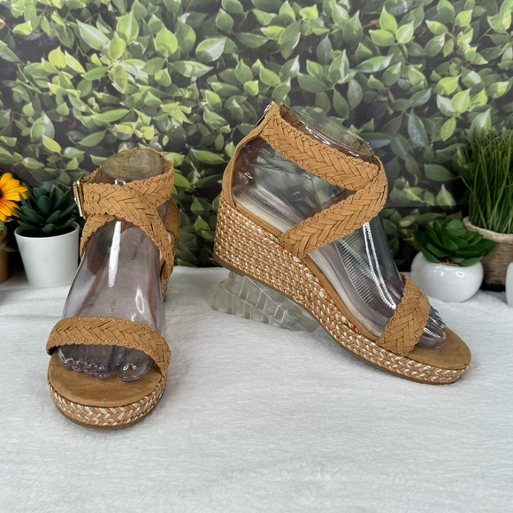 {Stuart Weitzman} Akilah Sparkle Metallic Tan Braided Espadrilles Wedges Sandals - Picture 2 of 16